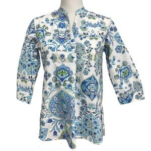 Caliban Blue and White Printed Blouse 3/4 Sleeve Size 40 eur 4 US